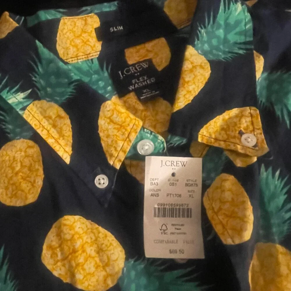 NWT J.Crew Pineapple Print Short Sleeve Button-Up XL Slim